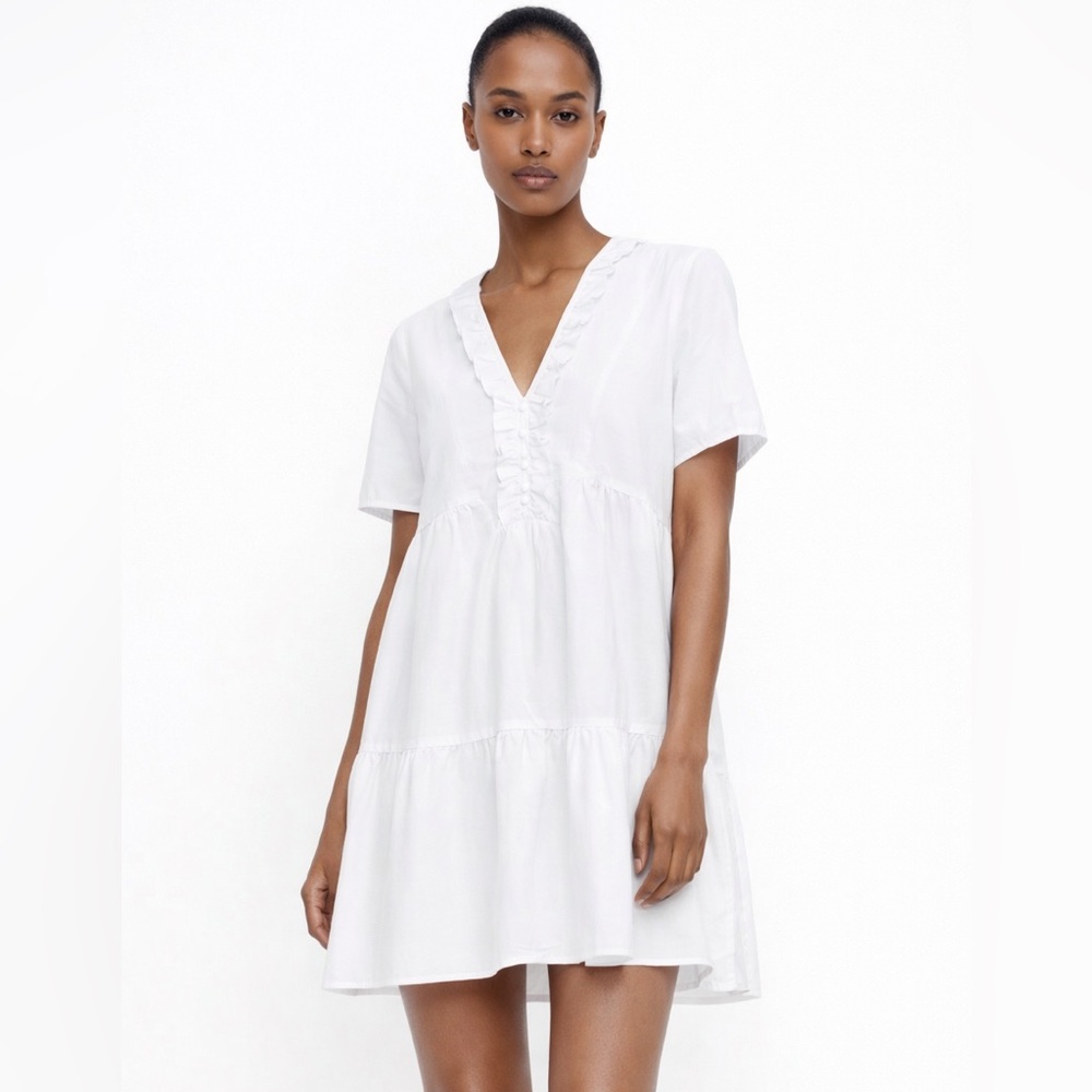 Zara White Babydoll Ruffle Mini Dress Cotton V-Neck - Small